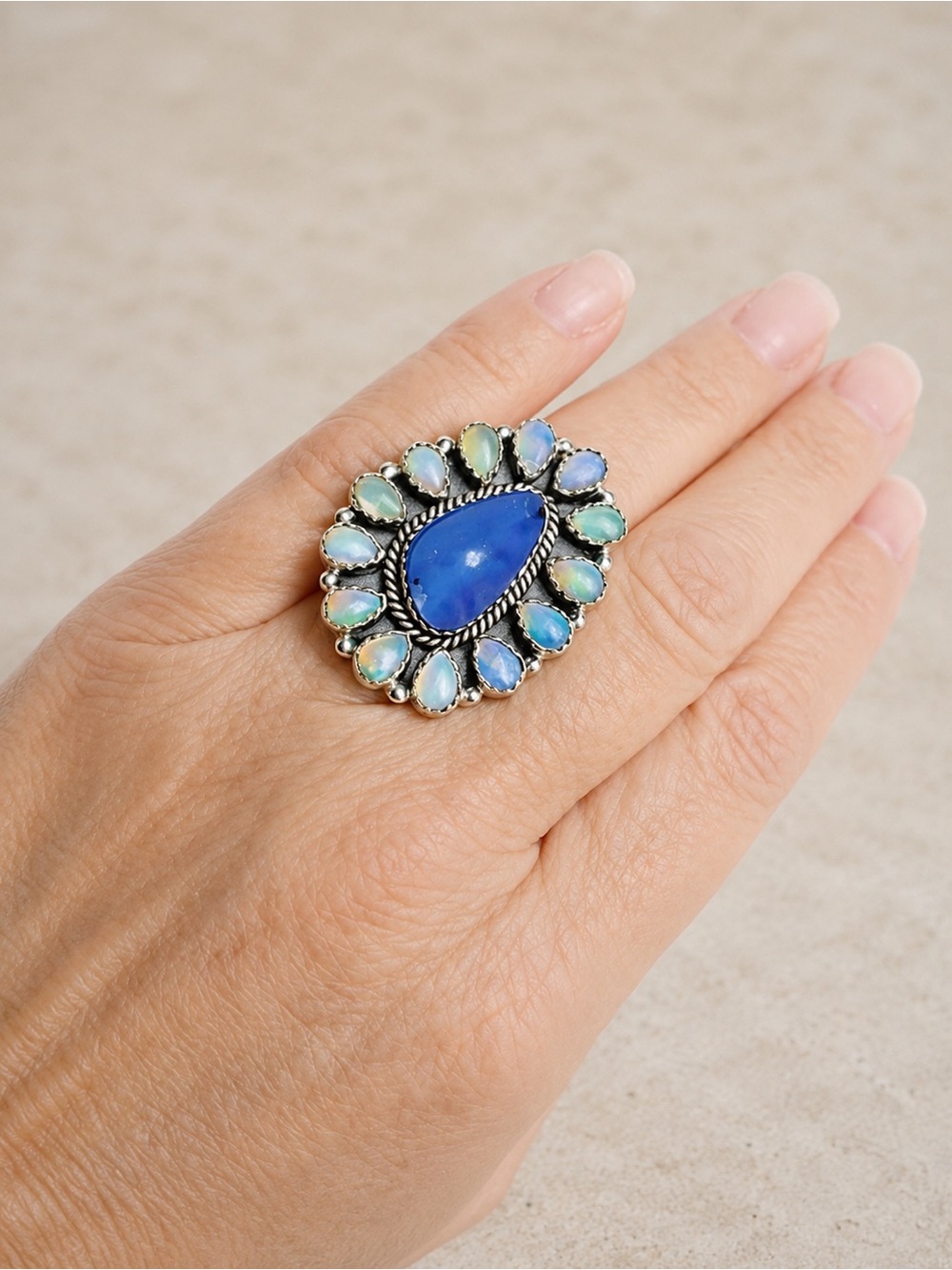 Sterling Silver Blue Chalcedony & Opal Cluster Artisan Ring Size 7.5 Adjustable